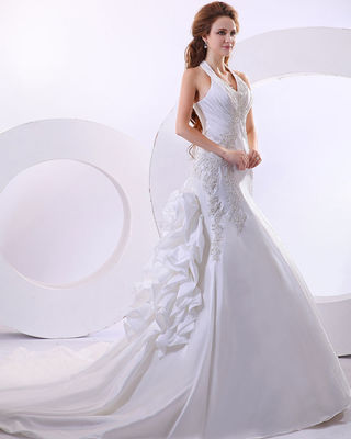 Сексуальная глубокая V-кольцо свадебные платья с длинным хвостом свадебные платья